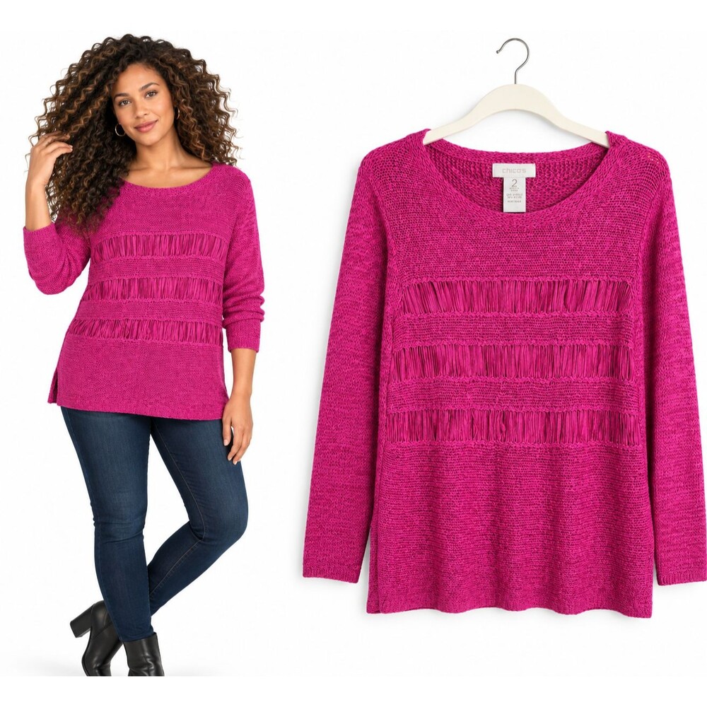 Chicos Open Knit Ladder Tatter Detail Pullover Sweater Tunic Size Large Fuchsia